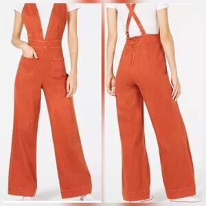 BDG Urban Outfitters Women’s Eleanor Plunging Denim Jumpsuits Sz 2 Burn Orange